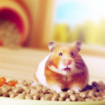 Chubby brown and white hamster sitting on a pile of seeds with an open-mouthed expression, surrounded by a blurred warm-toned background.