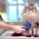 Fluffy long-haired cat with green eyes being brushed with a blue grooming brush on a wooden surface.