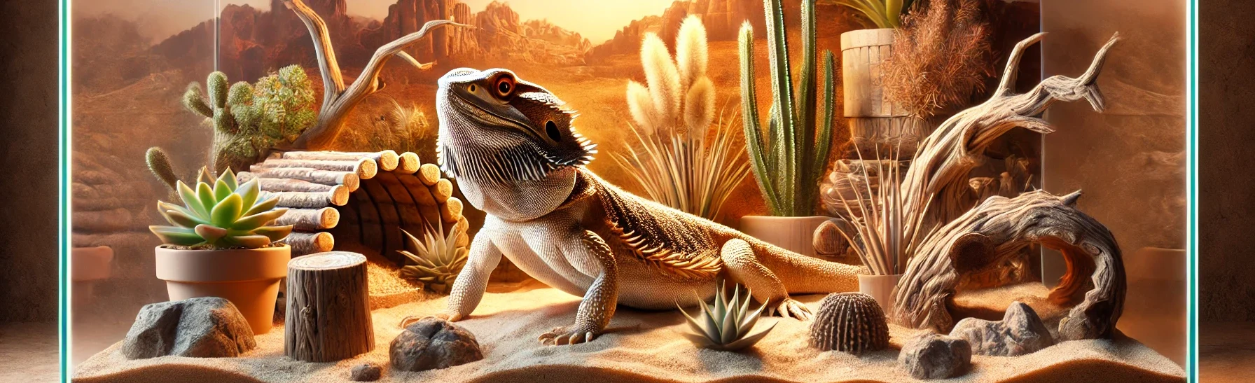 A detailed terrarium setup featuring a bearded dragon basking under a hanging heat lamp. The enclosure is styled to resemble a desert environment