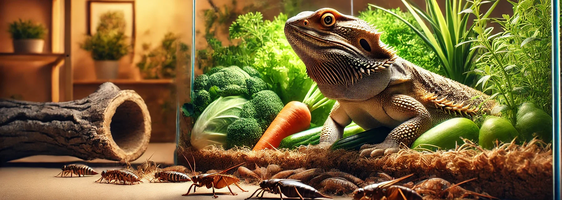 A healthy bearded dragon in a well-lit terrarium, surrounded by fresh greens, vegetables, and insects, illustrating a balanced diet for optimal nutrition and health.