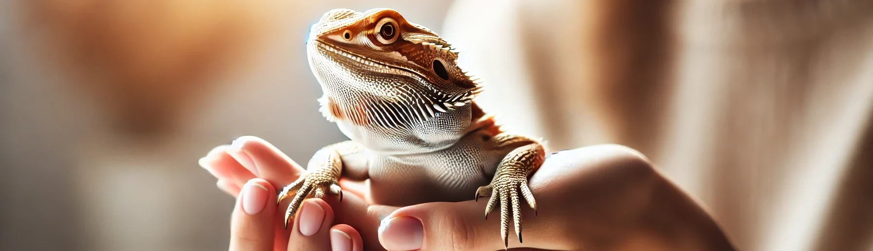 A person gently holding a healthy bearded dragon with proper support, showcasing safe handling techniques in a warm and comfortable indoor setting.