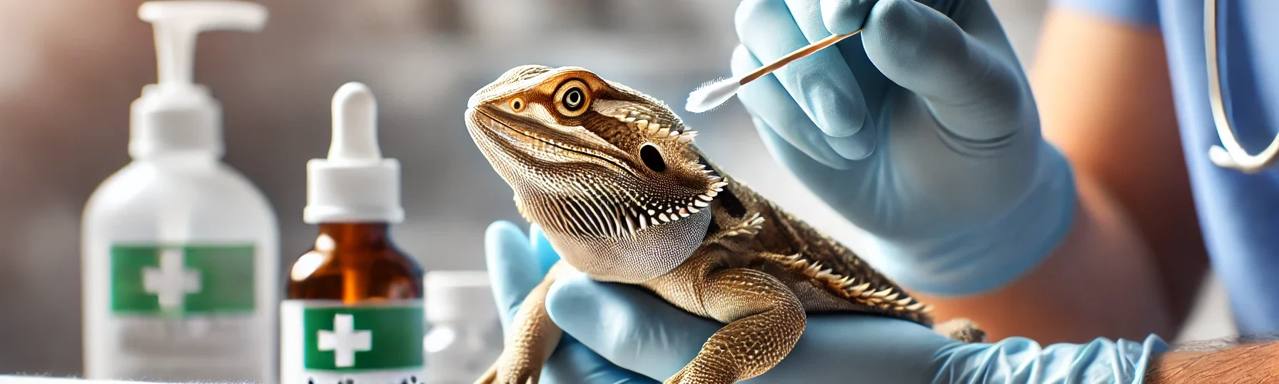 A bearded dragon receiving first aid care, gently held while a person applies treatment with a cotton swab, with reptile-safe medical supplies visible in the background.