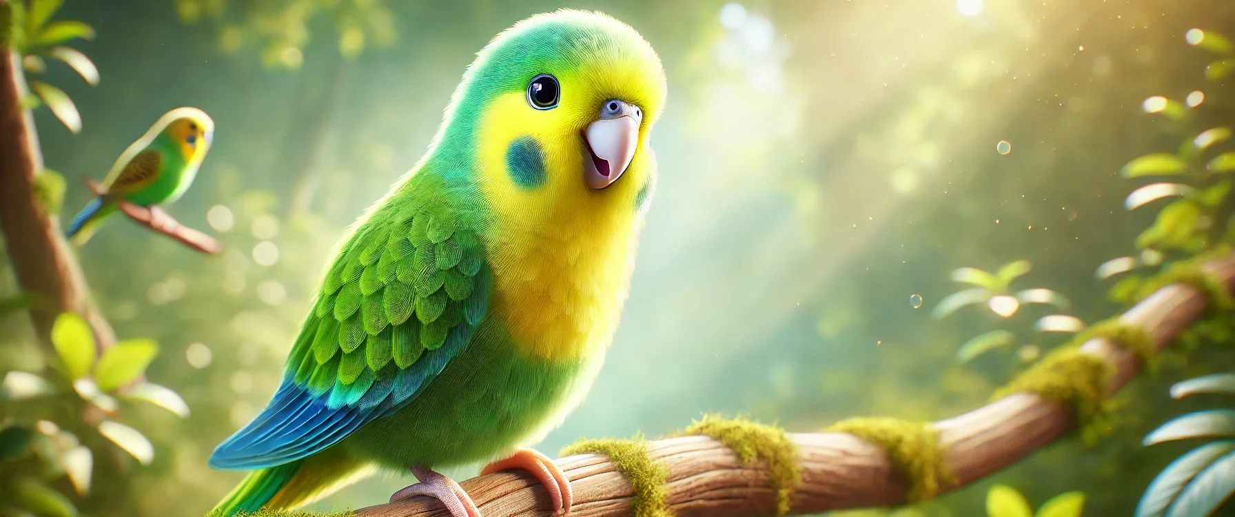 A happy parakeet perched on a wooden branch The parakeet has bright green and yellow feathers with blue