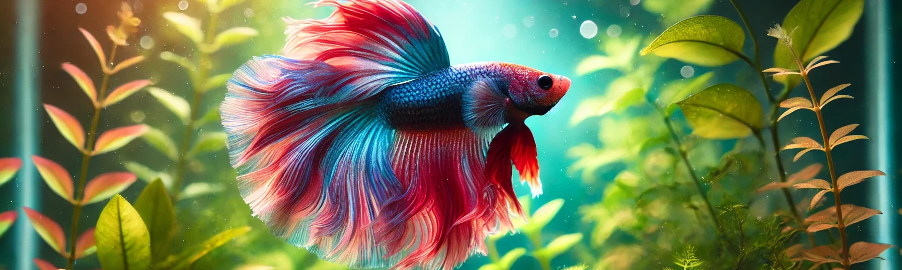 A vibrant betta fish with red and blue fins swimming in a clear freshwater aquarium with lush green plants and soft lighting.