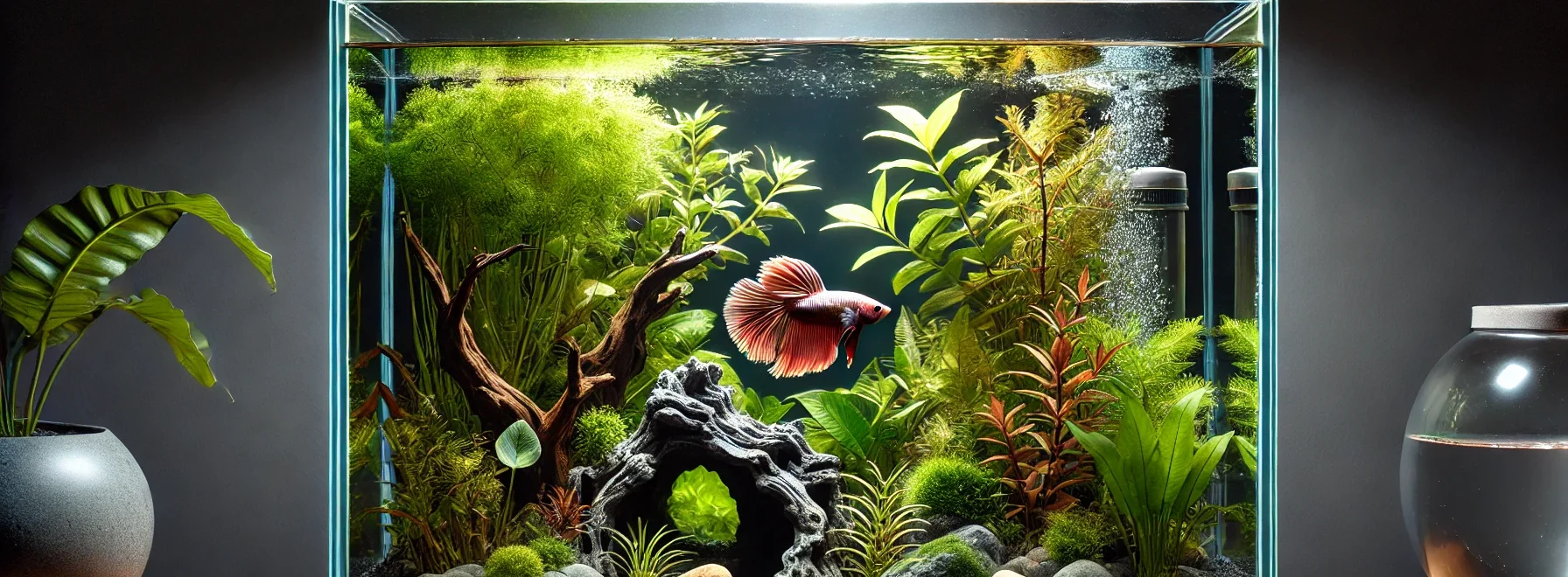 A well-designed betta fish tank featuring a spacious glass aquarium with natural plants, a small decorative cave, and a gentle water filter under soft ambient lighting.