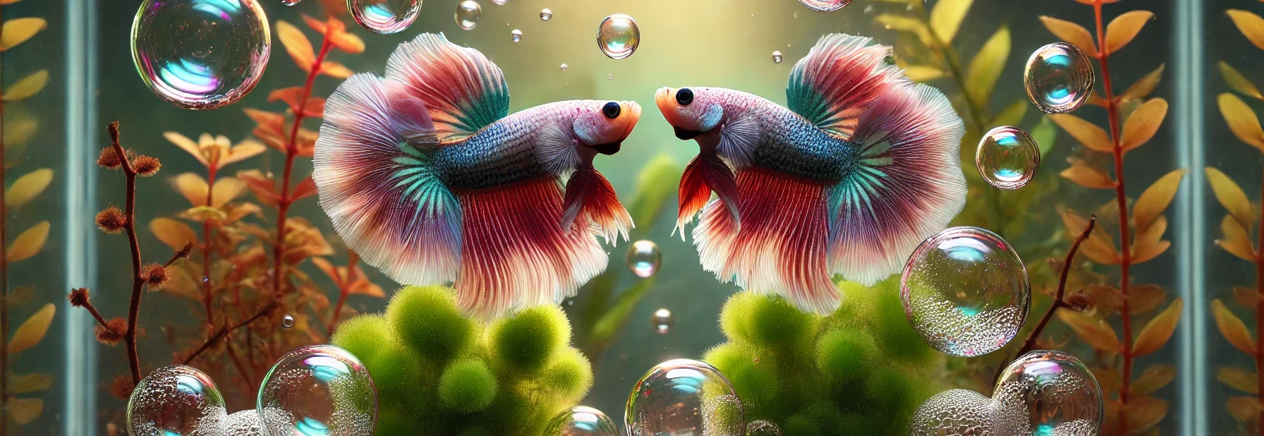 A pair of betta fish engaging in courtship behavior in a breeding tank, with bubble nests on the water surface and soft aquatic plants in the background.