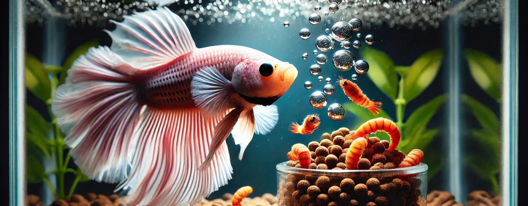 A betta fish eating floating food pellets in a well-lit aquarium, with a small dish of freeze-dried bloodworms and brine shrimp nearby, emphasizing a balanced diet.