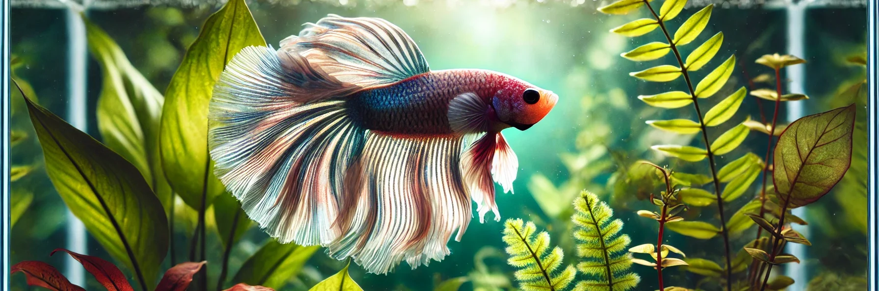 A healthy betta fish swimming in a pristine aquarium with clear water, surrounded by lush aquatic plants, with a soft glow highlighting its vibrant scales.