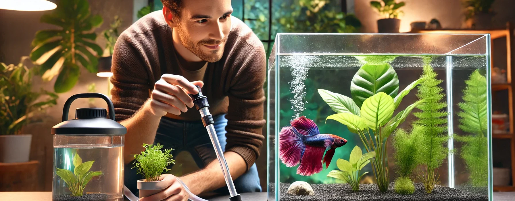 A betta fish owner carefully performing a water change using a siphon, with a clean aquarium, healthy plants, and a happy betta fish swimming nearby.