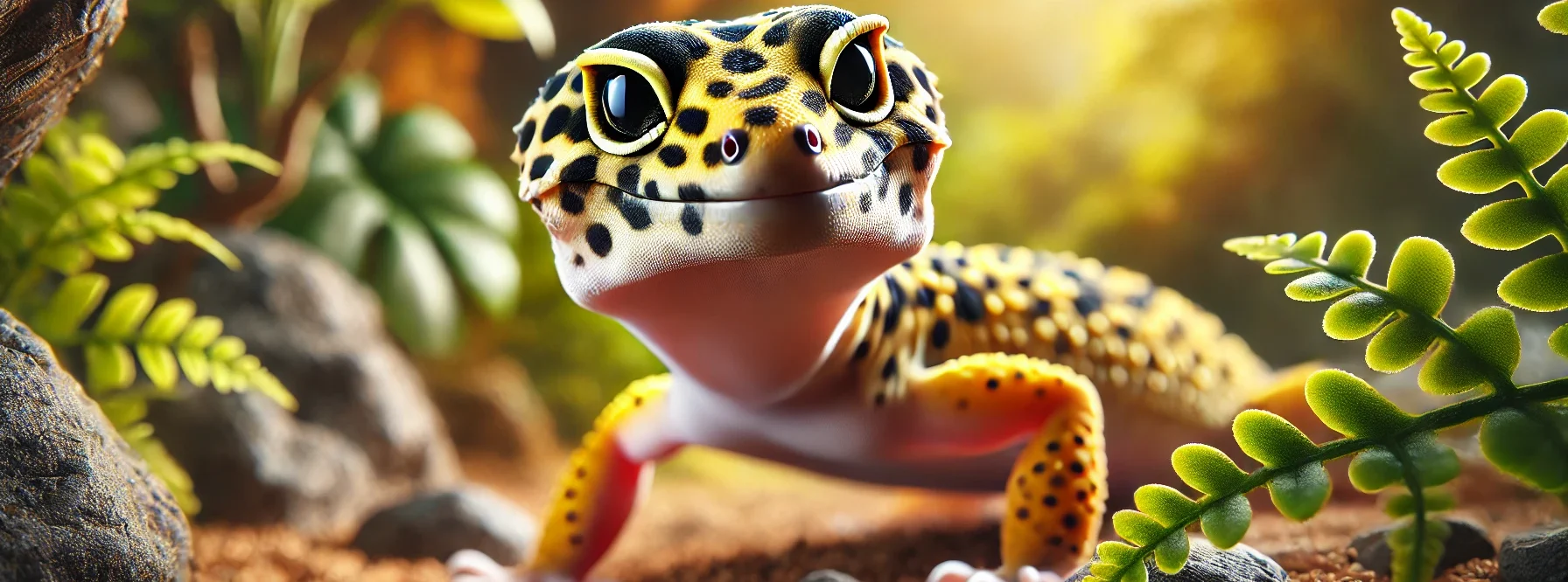 A close-up of a vibrant Leopard Gecko with yellow and black spotted skin in a naturalistic terrarium, featuring rocky terrain, lush green foliage, and warm lighting.