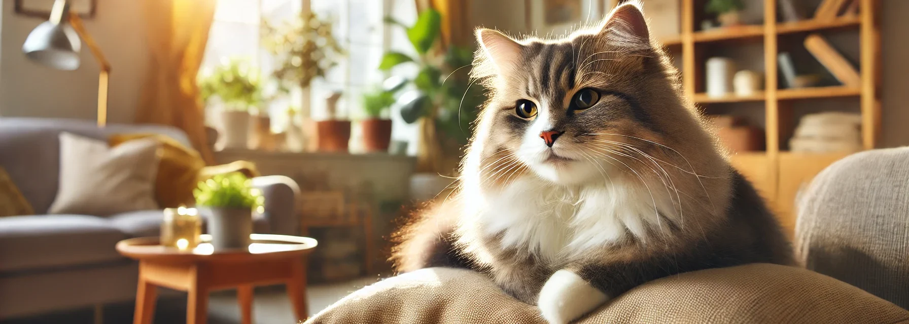 A cozy indoor scene featuring a content cat lounging on a soft cushion near a sunlit window, surrounded by potted plants and bookshelves, creating a warm and inviting atmosphere.