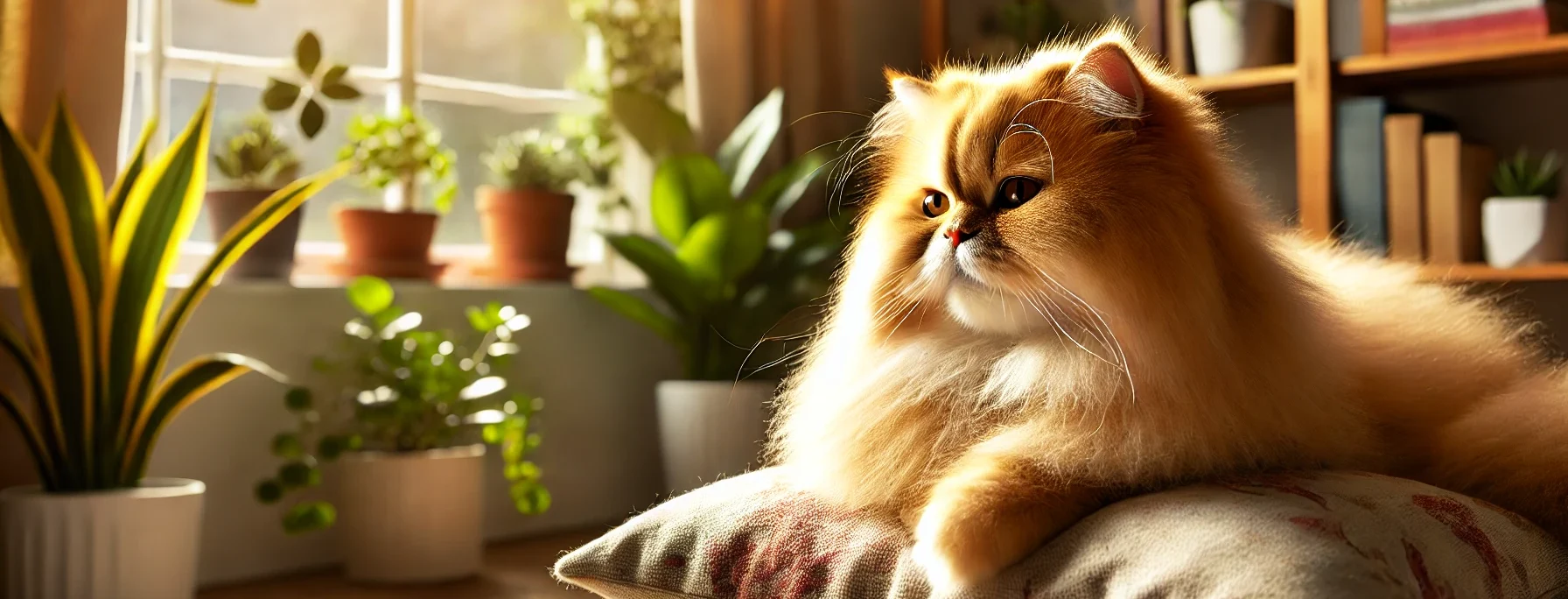 A cozy indoor scene featuring an orange Persian cat lounging on a soft cushion near a sunlit window, surrounded by potted plants and bookshelves, creating a warm and inviting atmosphere.