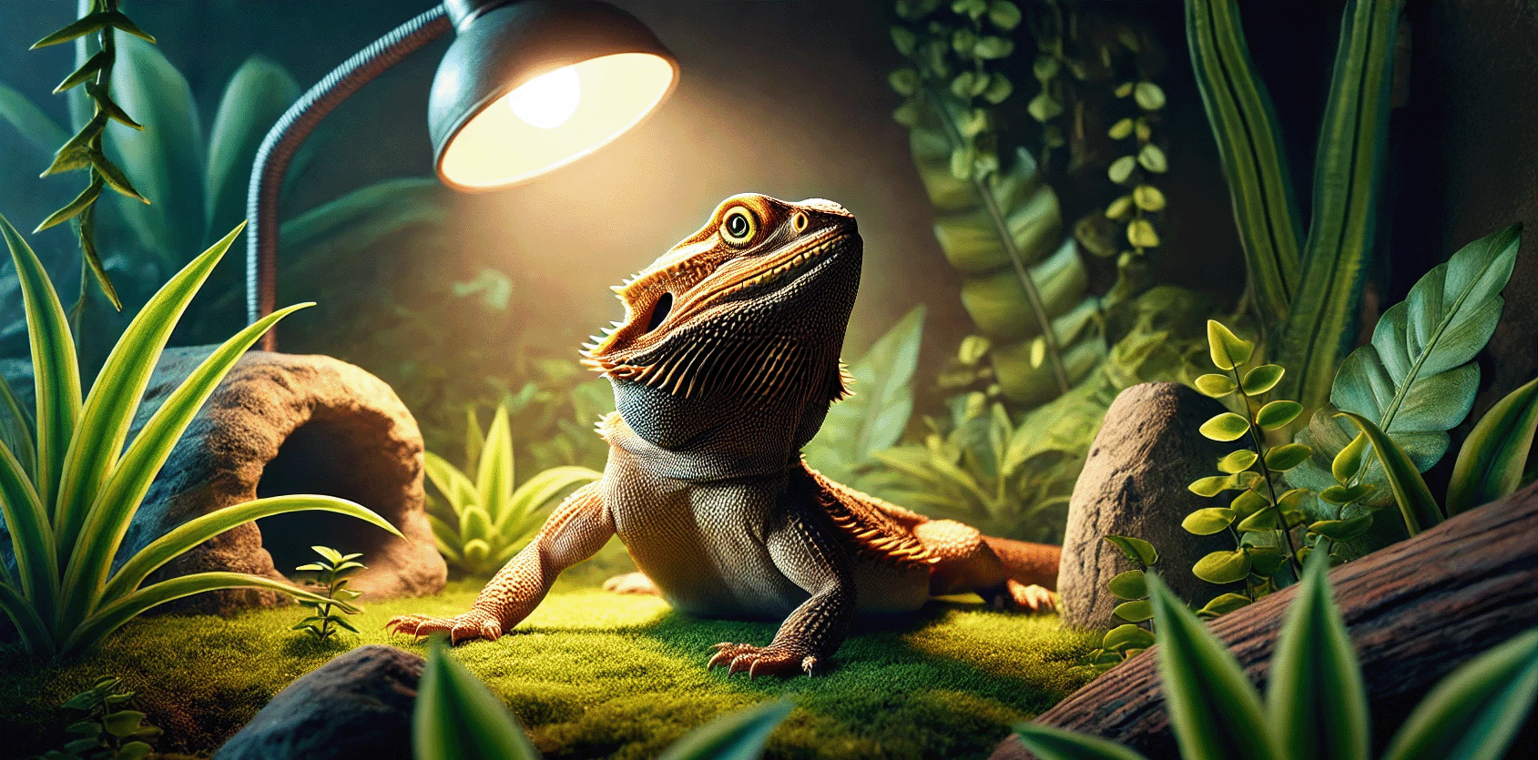 a vibrant bearded dragon in a well-lit, naturalistic habitat. The scene includes a basking rock, and a UVB light