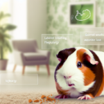 Tri-colored guinea pig sitting on a carpet with scattered food crumbs, appearing unwell, with illegible medical text and symptoms floating around in a softly lit living room.