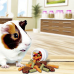 A guinea pig with white, brown, and black fur sits on a wooden surface next to a spilled container of colorful pet treats, with a modern kitchen in the background.